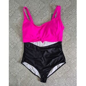 Eomenie One Piece Swimsuit Hot Pink Black Ruched Cutout Tie Front XXL NEW
